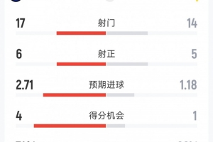 遭绝平,国米1-1维罗纳全场数据:射门17-14,射正6-5配图
