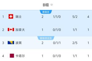 世界杯B组积分榜:瑞士积4分领跑,波黑第三,6点加拿大vs卡塔尔配图