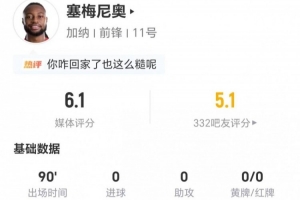 塞梅尼奥本场0射0关键传球 3成功传球+11对抗2成功+3犯规 获6.1分配图