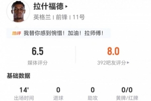 拉什福德本场替补14分钟：0射门0关键传球 2对抗0成功 获6.5分配图