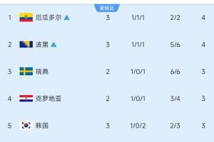 10进6！小组第三积分榜：厄瓜多尔、波黑锁定出线，韩国跌至第5！配图