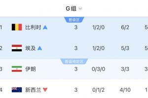 G组最终积分榜:比利时、埃及前二出线,伊朗第3待定,新西兰淘汰配图