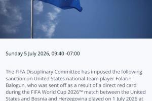 官方:美国前锋巴洛贡可出战比利时,红牌禁赛处罚暂缓一年执行配图