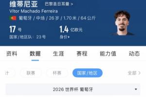 维蒂尼亚身价1.4亿欧,世界杯5场0球0助,仅2次关键传球配图